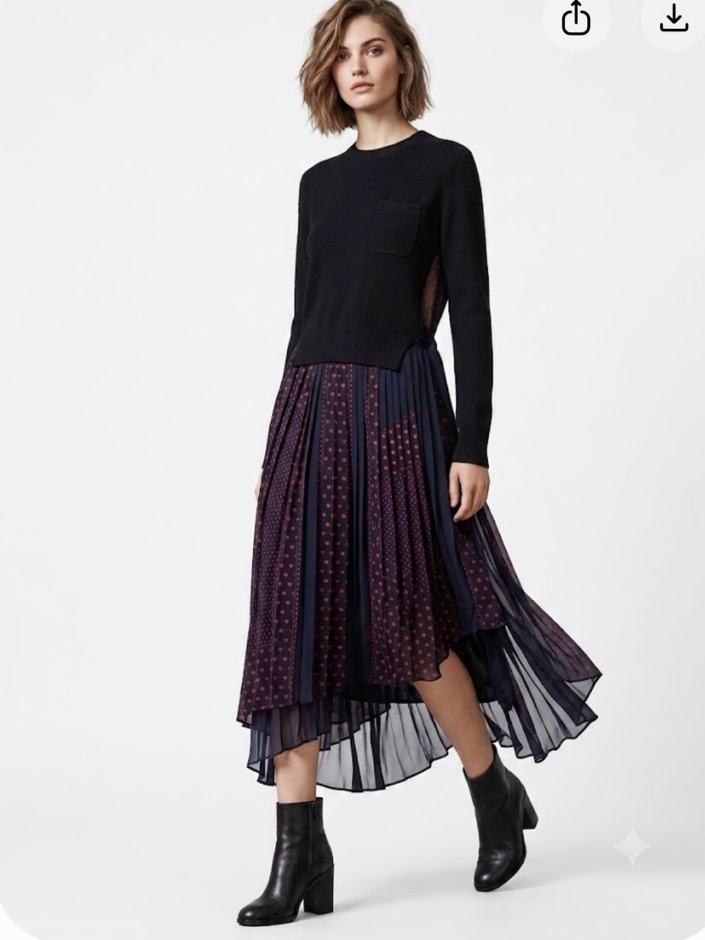 Sacai Luck Hybrid Sweater Dress Cotton Cashmere Heart Print Pleated Sz 1